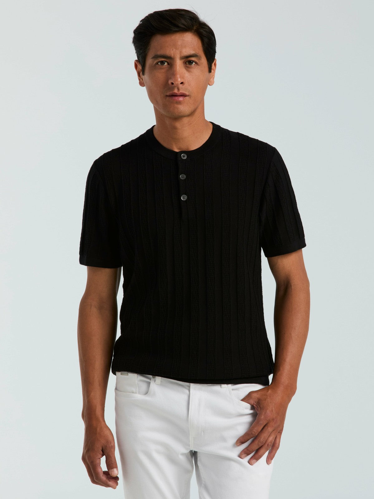 Perry Ellis Cotton Textured Striped Button Crew Neck Sweater